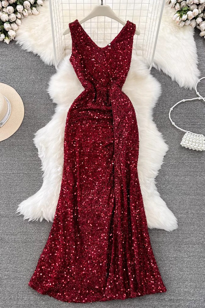 Fashion Women Sleeveless V-Neck Sequin Maxi Dress