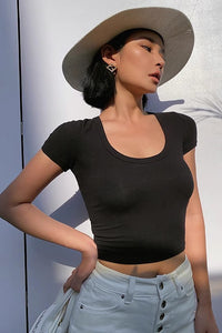 Women's Short Sleeve Crew Neck Ribbed Tank Tops Fitted Crop Shirts