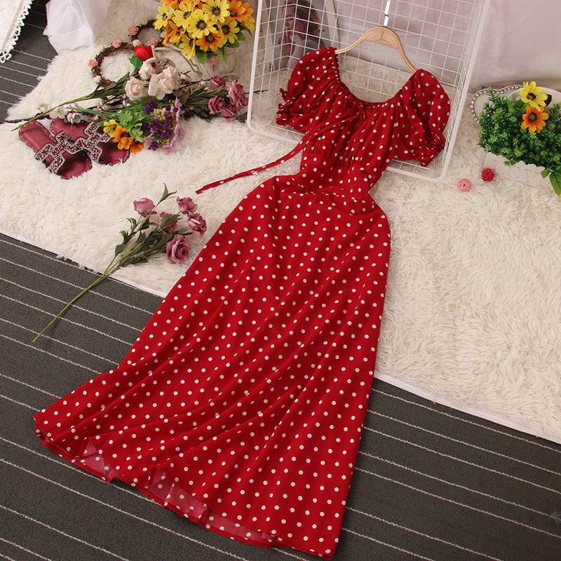 Fashion Women Short Sleeve Ruffle Polka Dots Maxi Dress