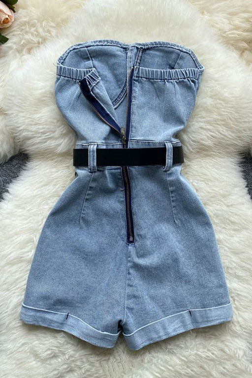 Fashion Women Strapless Denim Romper Jumpsuit