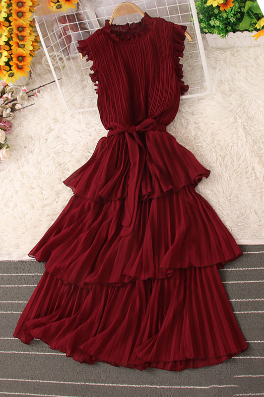 Fashion Women Lace Sleeveless Pleated Maxi Dress