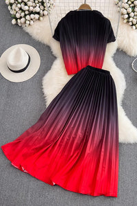 Fashion Women Gradient Color Short Sleeve Tops Skirt Set Two-Piece