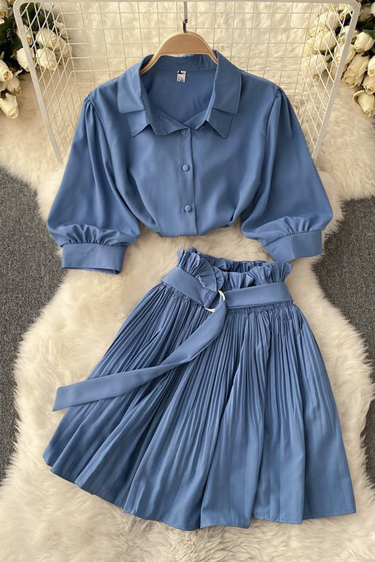 Fashion Women Short Sleeve Shirt Tops Pleated Skirt Set Two-Piece