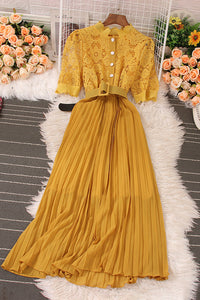 Retro Women Lace Hollow Short Sleeve Pleated Maxi Dress