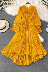 Fashion Women Lace Pleated Long Sleeve High Waist Maxi Dress