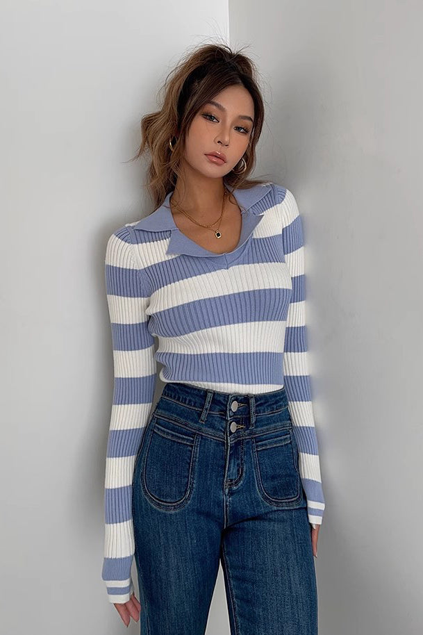 Striped Print Long Sleeve Rib-knit Sweater