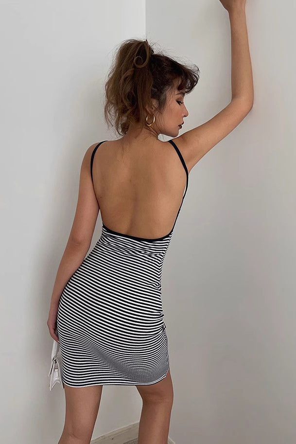 Women's Striped Print Backless Bodycon Dress