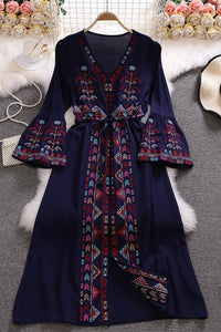 Boho Women Embroidery Long Sleeve V-Neck Strappy Maxi Dress