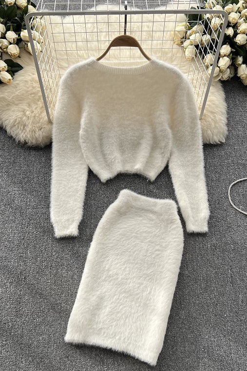 Fashion Women Knit Crop Top Sweater High Waist Skirt Set Two-Piece