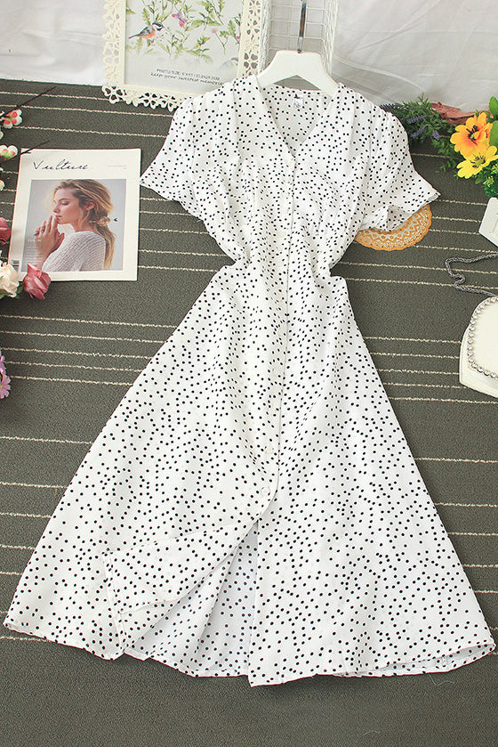 Fashion Women Polka Dots Short Sleeve Buttons Maxi Dress