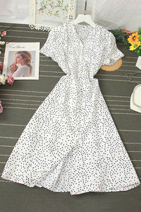 Fashion Women Polka Dots Short Sleeve Buttons Maxi Dress