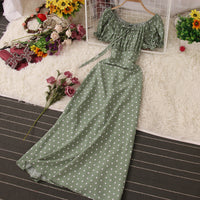 Fashion Women Short Sleeve Ruffle Polka Dots Maxi Dress