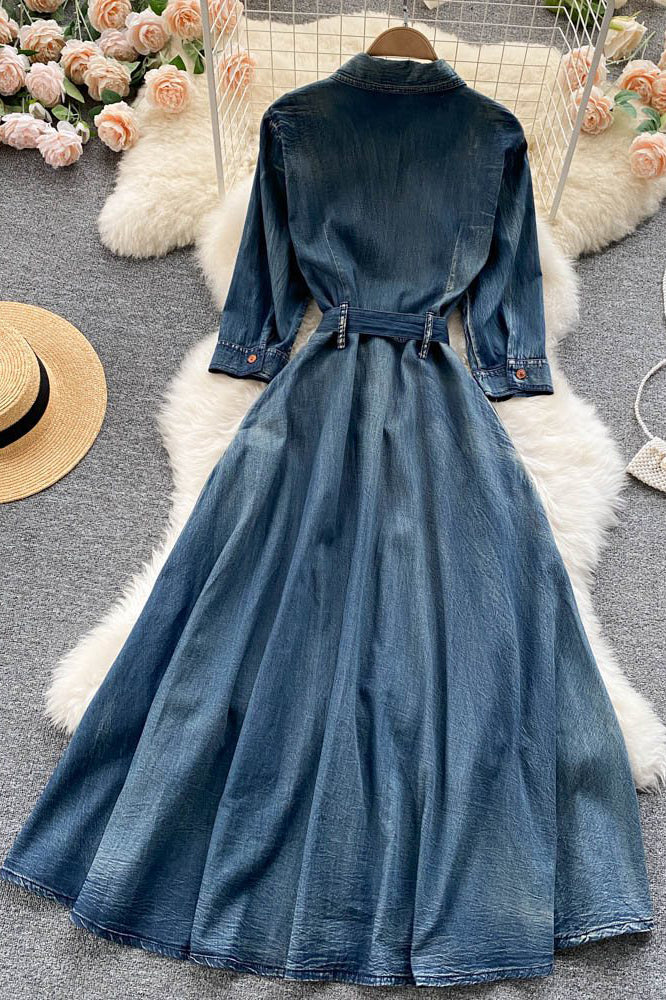 Retro Women Embroidery Long Sleeve Denim Maxi Dress