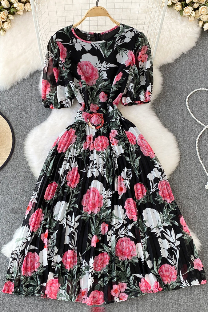 Fashion Women Flower Print Short Sleeve Pleated Dress