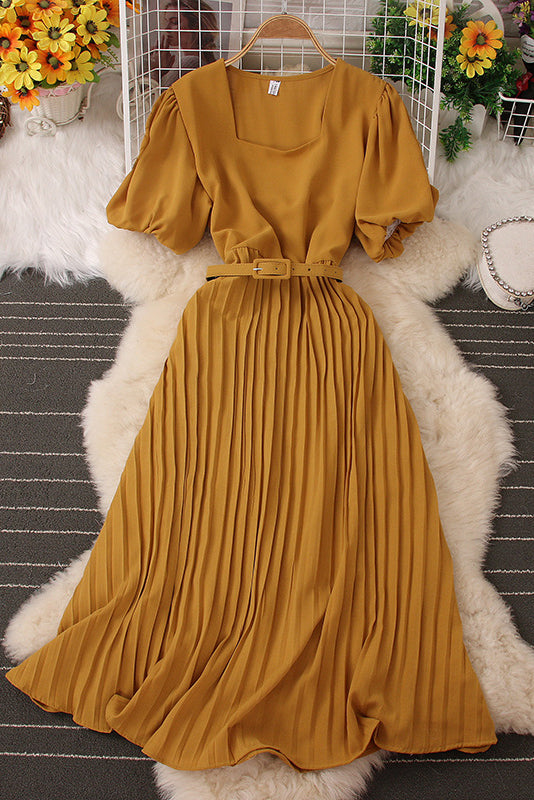 Fashion Women Square Collar Short Sleeve Pleated Maxi Dress