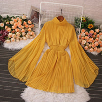 Fashion Women High Neck Long Sleeve Pleated Mini Dress