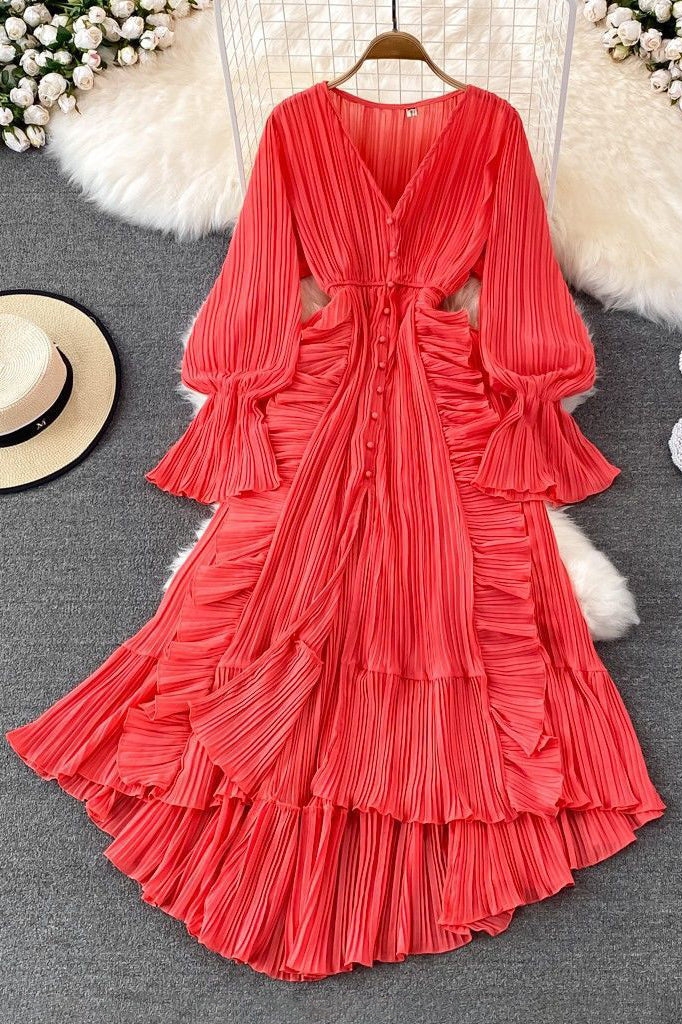 Fashion Women Lace Pleated Long Sleeve High Waist Maxi Dress