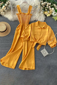 Fashion Women Sleeveless Strap Romper Jumpsuit Buttons Short Sleeve Shirt Tops Set Two-Piece