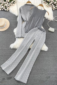 Fashion Women V-Neck Long Sleeve Strappy Coat V-Neck Vest Tank Top Pants Trousers Set Three-Piece