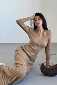 Fashion V-Neck Long Sleeve Knit Sweater Dress