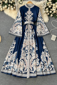 Retro Women Lace Long Sleeve Print Maxi Dress