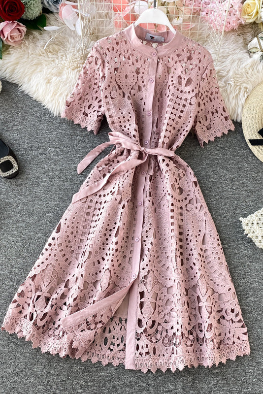 Sexy Women Lace Hollow Short Sleeve Strappy Maxi Dress