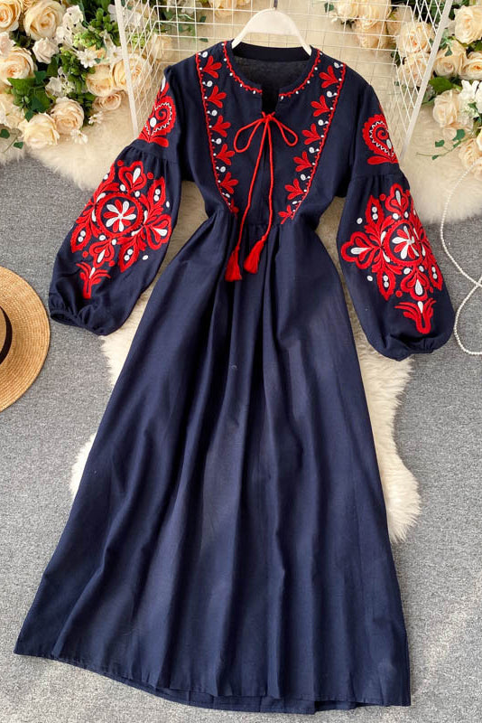 Women Boho Embroidery Long Sleeve Ruffle Maxi Dress