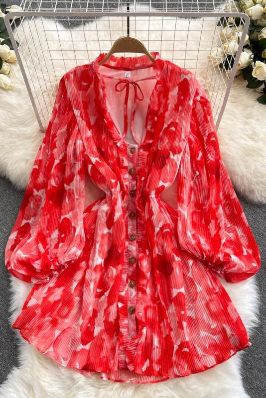 Sexy Women V-Neck Print Long Sleeve Buttons Mini Dress