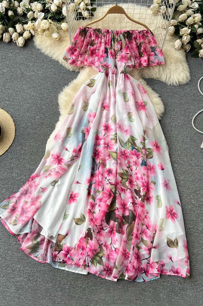 Sexy Women Strapless Ruffle Floral Maxi Dress