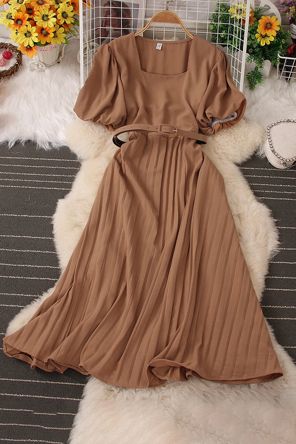 Fashion Women Square Collar Short Sleeve Pleated Maxi Dress