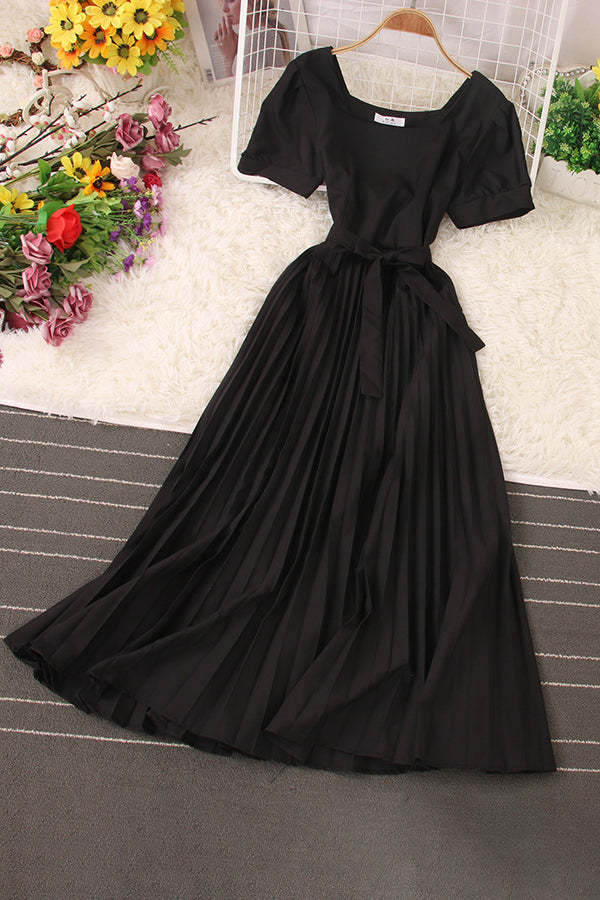 Fashion Women Short Sleeve Strappy Pleated Maxi Dress