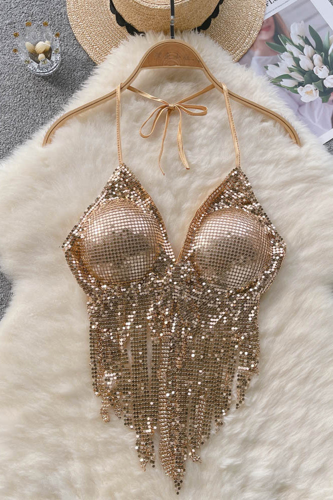 Sexy Women Sequin Strap Strappy Halter Tassel Cami Crop Vest Tank Tops