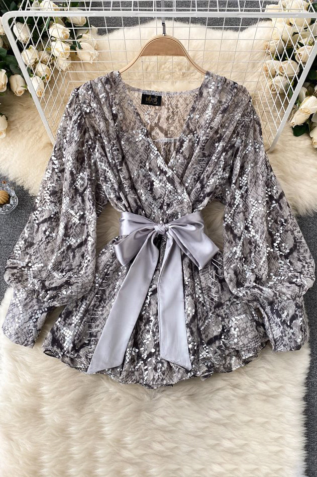 Sexy Women V-Neck Long Sleeve Snake Print Bow Strappy Top