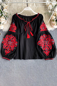 Retro Women Tassel Strappy Embroidery Long Sleeve Top