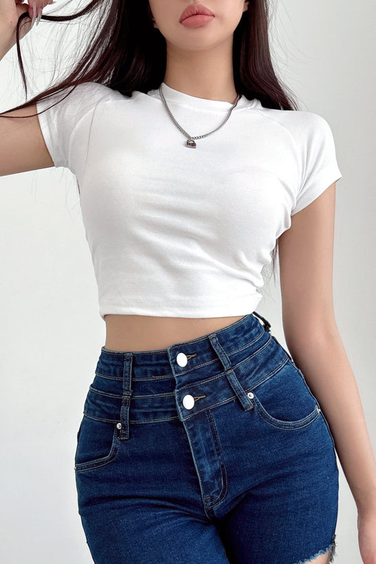 Fashion Women Scoop Neck Short Sleeve Crop Tops