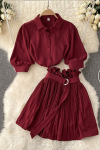 Fashion Women Short Sleeve Shirt Tops Pleated Skirt Set Two-Piece