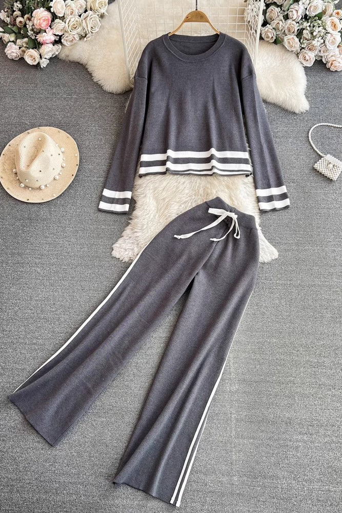 Fashion Women Long Sleeve Knit Top Pants Trousers Set Two-Piece