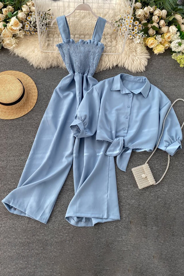 Fashion Women Sleeveless Strap Romper Jumpsuit Buttons Short Sleeve Shirt Tops Set Two-Piece