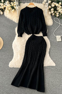 Fashion Women V-Neck Long Sleeve Top Sweater Skirt Set Two-Piece