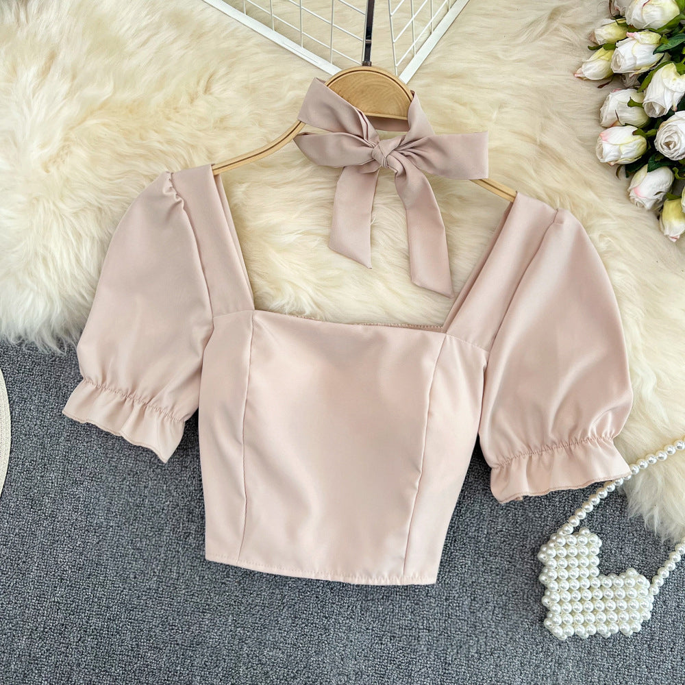 Sexy Women Bow Square Neck Short Sleeve Crop Top