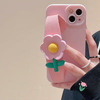 Cartoon Cute 3D Flower Holder Wristband Soft Case for iPhone 11 12 13 14 15 Shockproof Cover