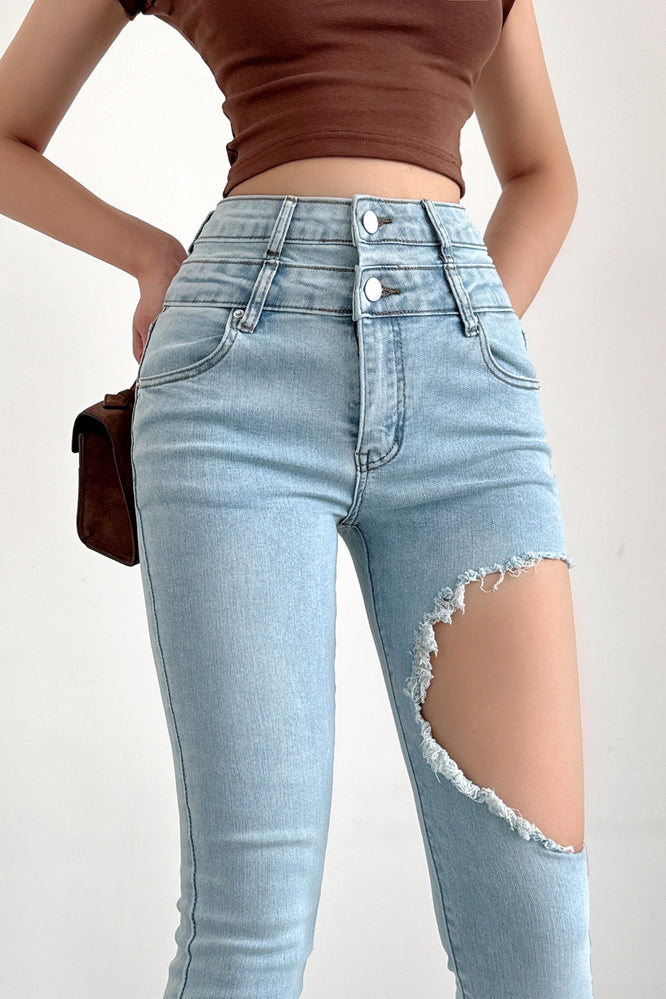 Fashion Women Tight Ripped Pants Trousers Jeans