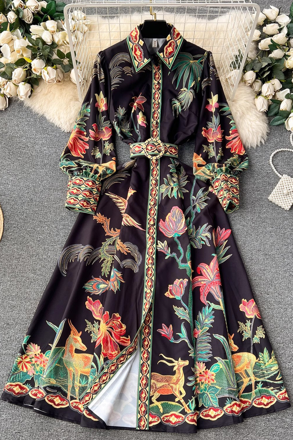 Retro Women Lapel Long Sleeve Buttons Maxi Dress