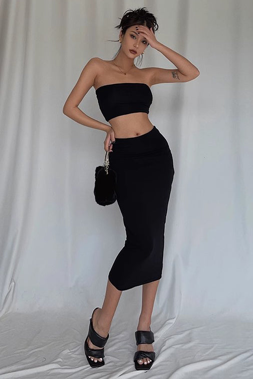 Outfit Crop Bandeau Tube Top and Bodycon Skirt Two Piece Set