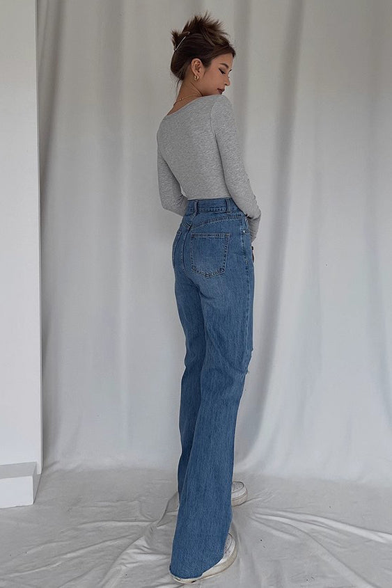 Ripped Pocket Side Straight Leg Jeans