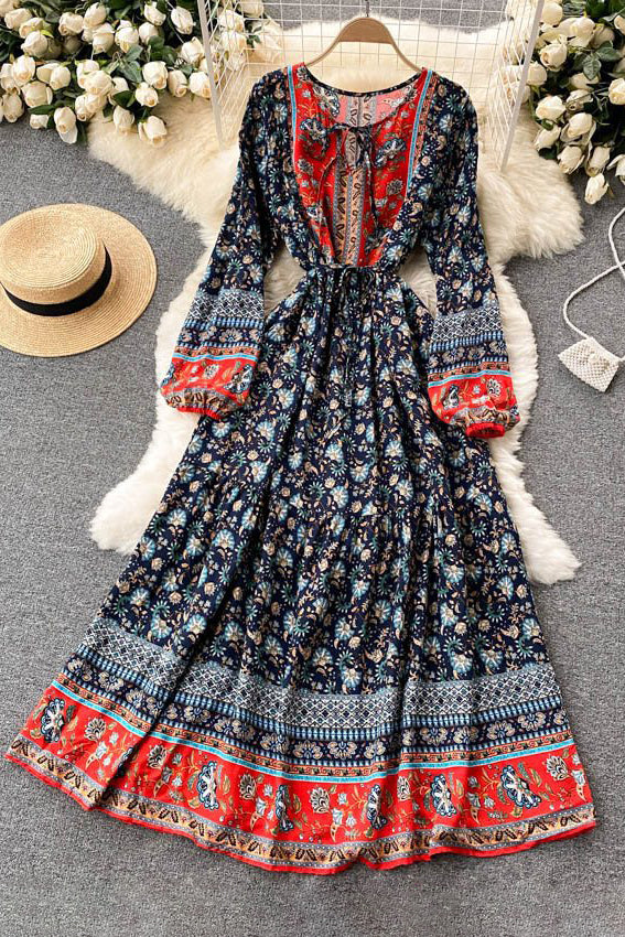 Retro Women Floral Strappy Long Sleeve Maxi Dress