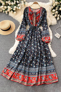 Retro Women Floral Strappy Long Sleeve Maxi Dress