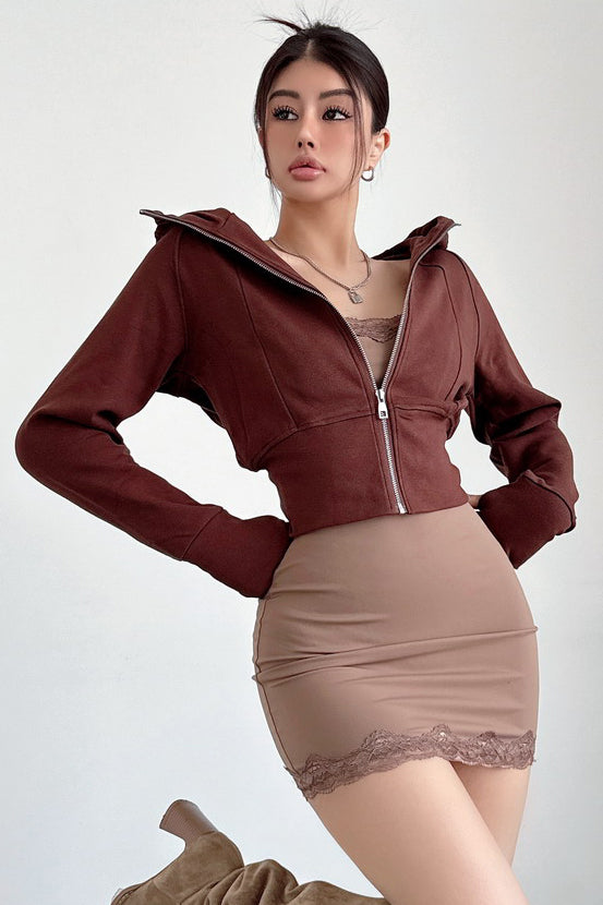 Casual Women Long Sleeve Zip Cardigan Crop Hooded Coat