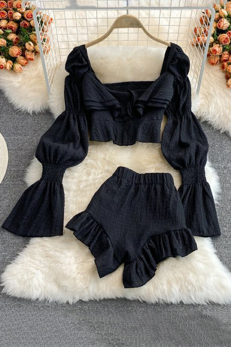 Women Fashion Long Sleeve Crop Top Shorts Set Two-Piece