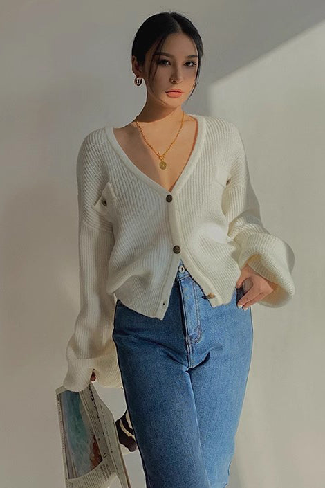 Rib-knit Buttoned Front V Neck Sweater Cardigan Outwear
